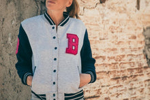 Load image into Gallery viewer, woman wearing light gray cotton varsity jacket
