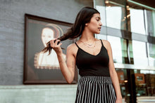 Load image into Gallery viewer, woman wearing striped skirt and black tank top
